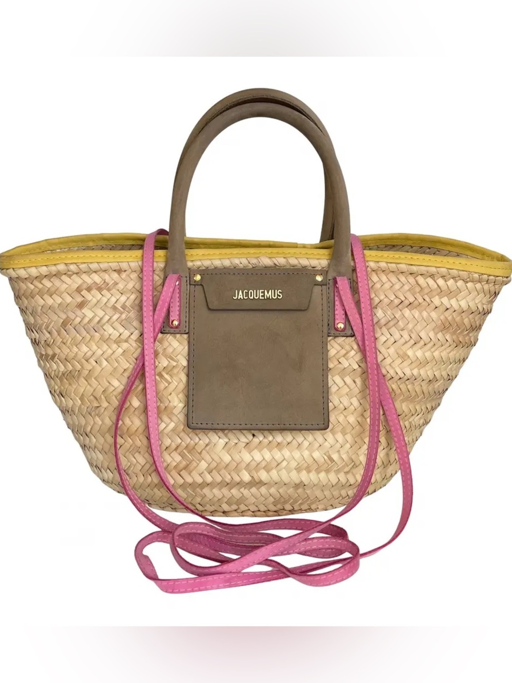 Jacquemus Pink Strap & Brown Leather Straw Tote with Yellow Trim In excellent.